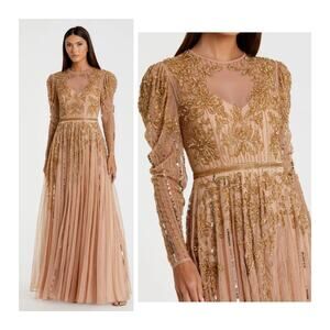 Mac Duggal Nude Gold Dress 93638 Formal Evening Illusion Long Sleeve Gown 16